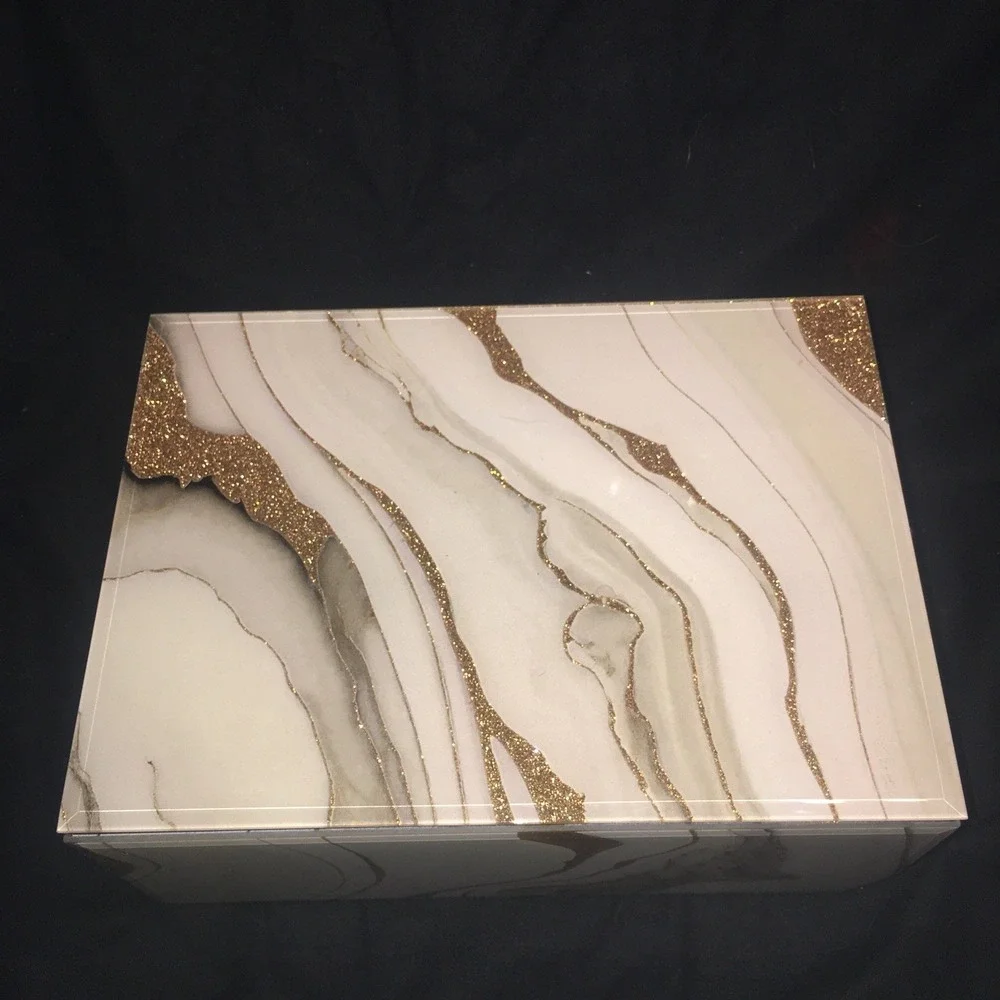 Glass Gold Glittery White Faux Marble Jewelry Box